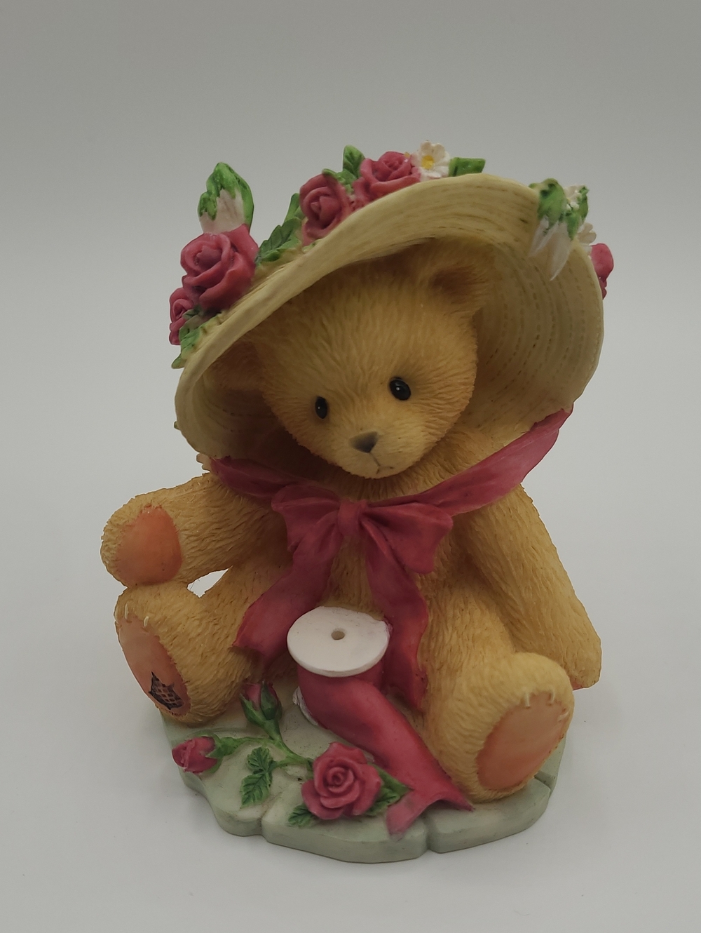 Cherished Teddies Yellow Bear Figurine with Pink Hat and Bow